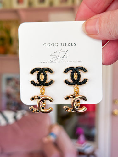Designer Charm Black and Gold Double Earrings