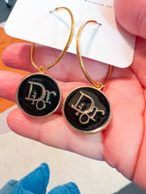 Load image into Gallery viewer, Black Dior Button Hoop Earrings