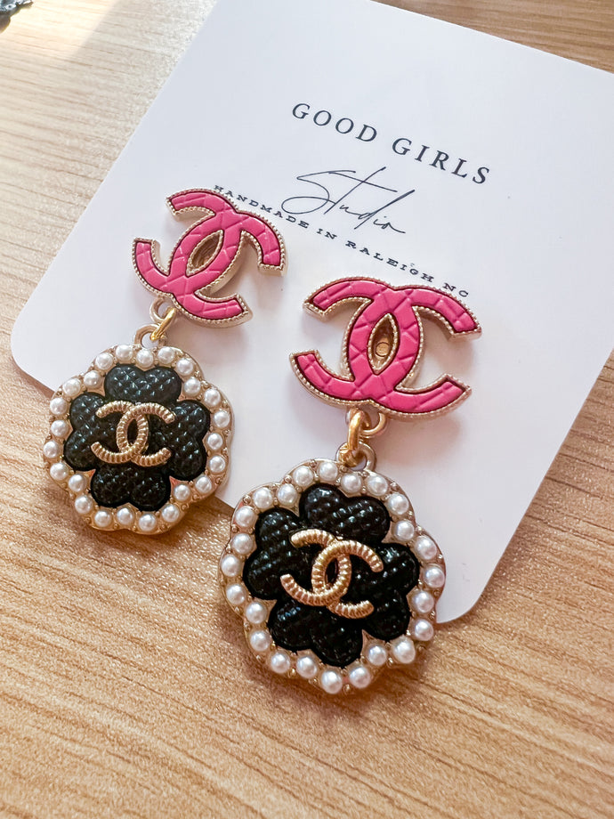 Designer Charm Pink and Black Double Earrings