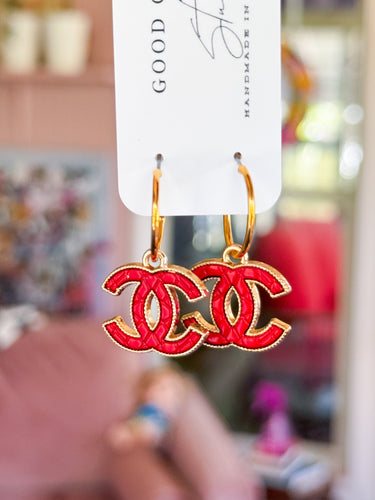 Red Quilt Charm Hoop Earring