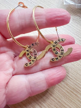 Load image into Gallery viewer, Black &amp; Gold button Hoop earring