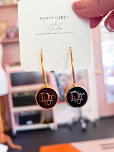 Black Dior Button Hoop Earrings